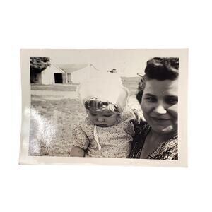 Vtg Mom and Daughter Posing Monochrome Photography Found Snapshot B&W Landscape